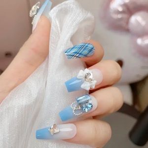 Blue French with 3D Bow Rhinestone Glossy Plaid Pattern Full cover Acrylic